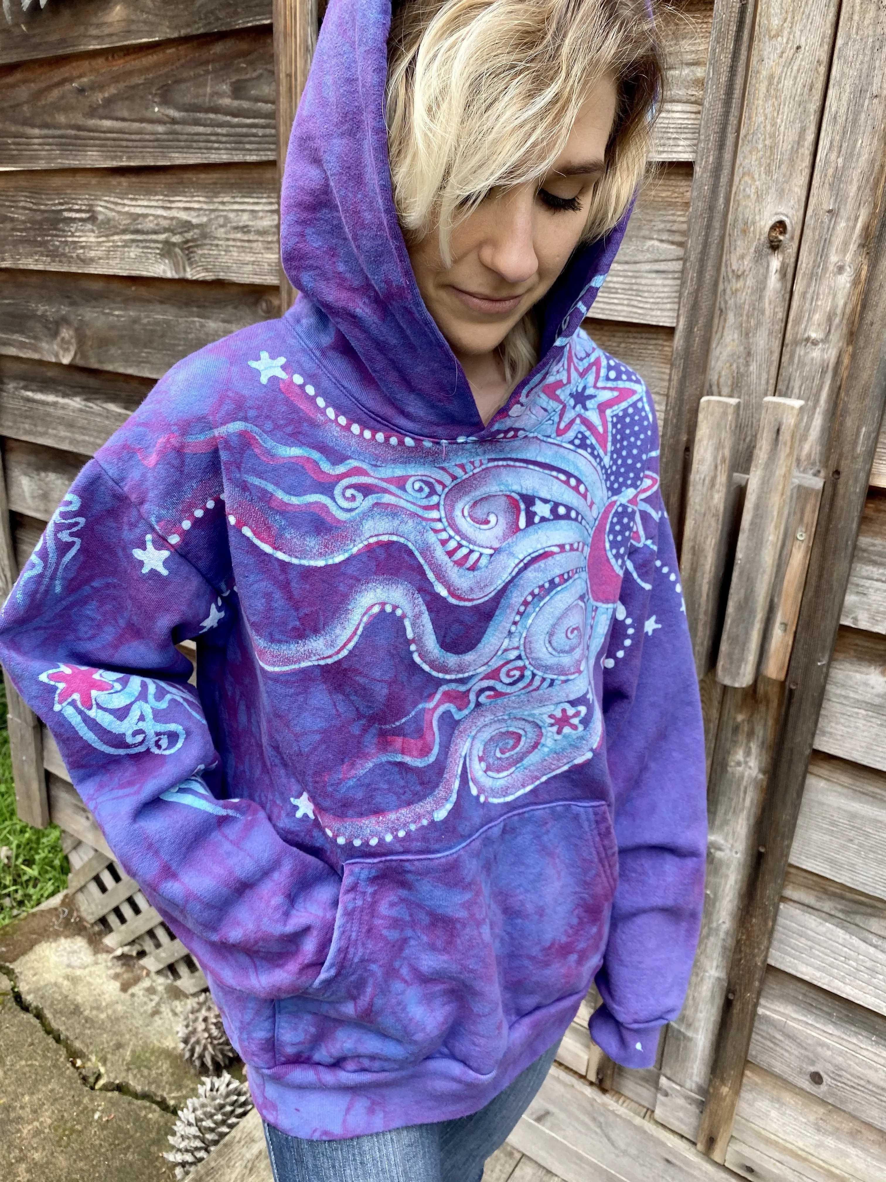 Pretty in Pink Luna Wanderlust Pullover Hoodie - Handcrafted Batik Moons & Stars