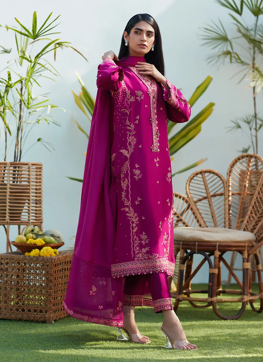 Prim Magenta Silk Embroidered Shirt and Dupatta