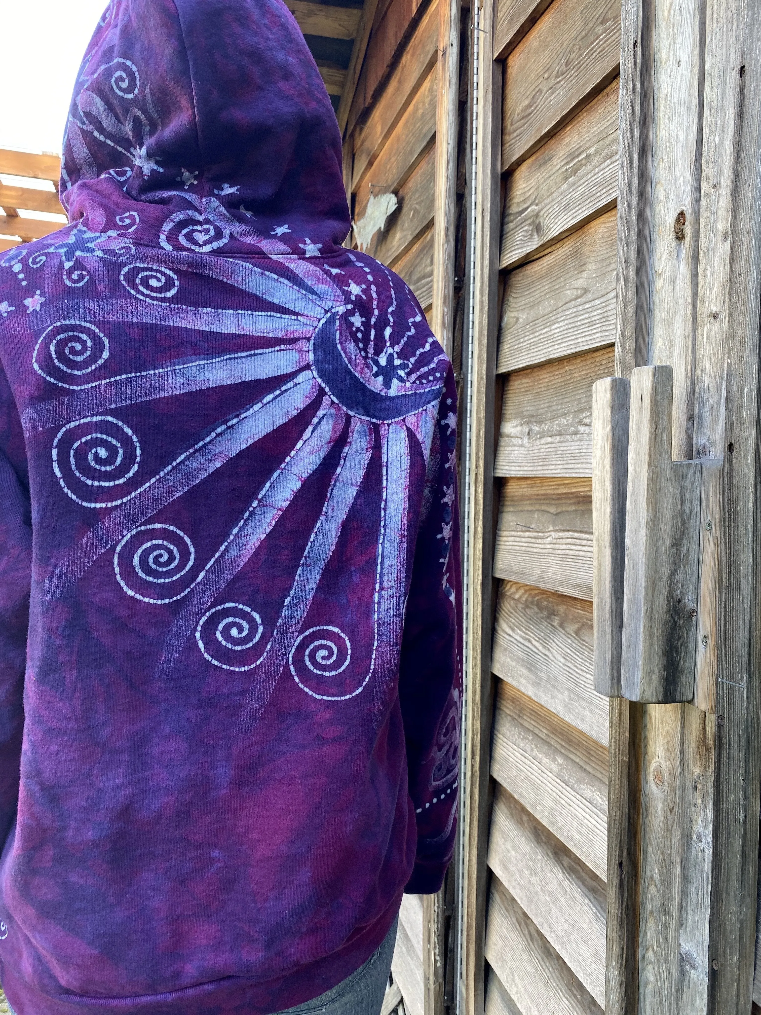 Purple Star With Perpetual Swirls Pullover Hoodie - Handcrafted Batik - Size SMALL