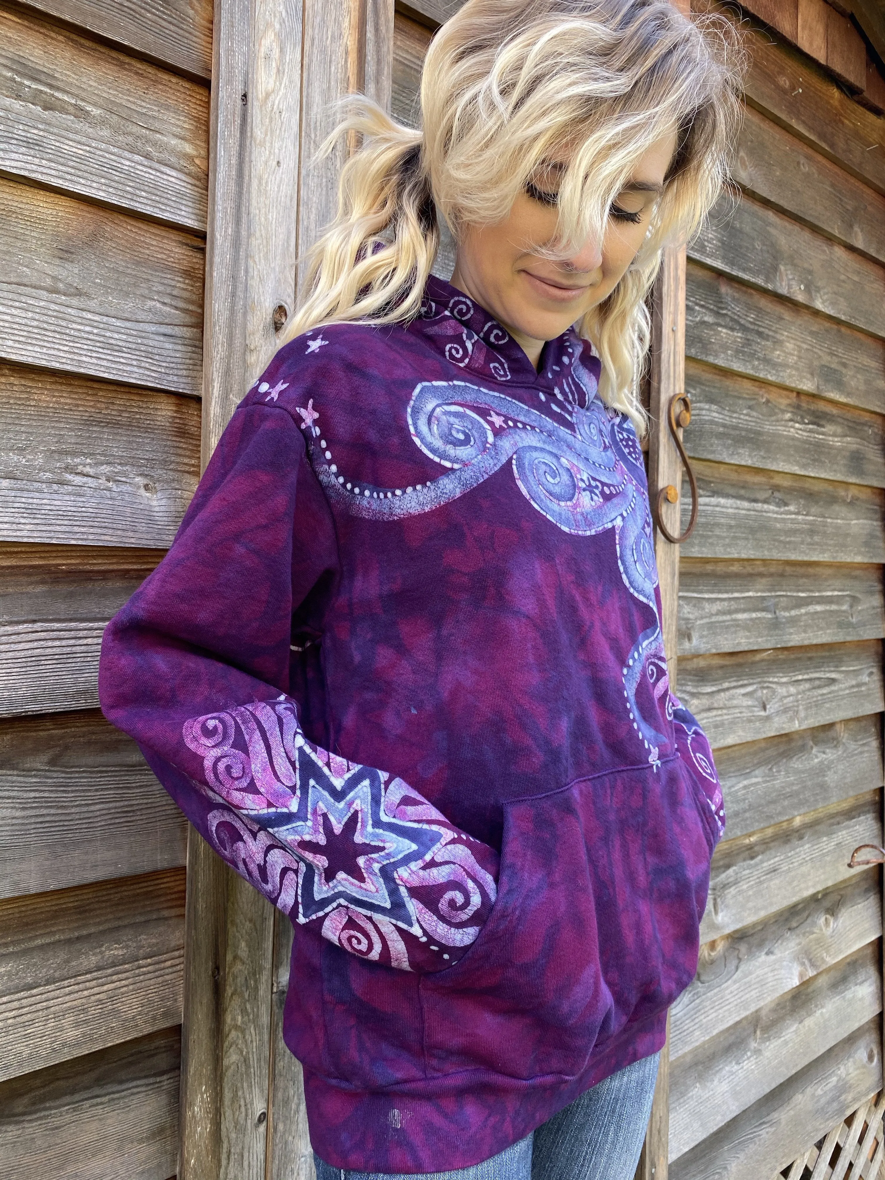 Purple Star With Perpetual Swirls Pullover Hoodie - Handcrafted Batik - Size SMALL