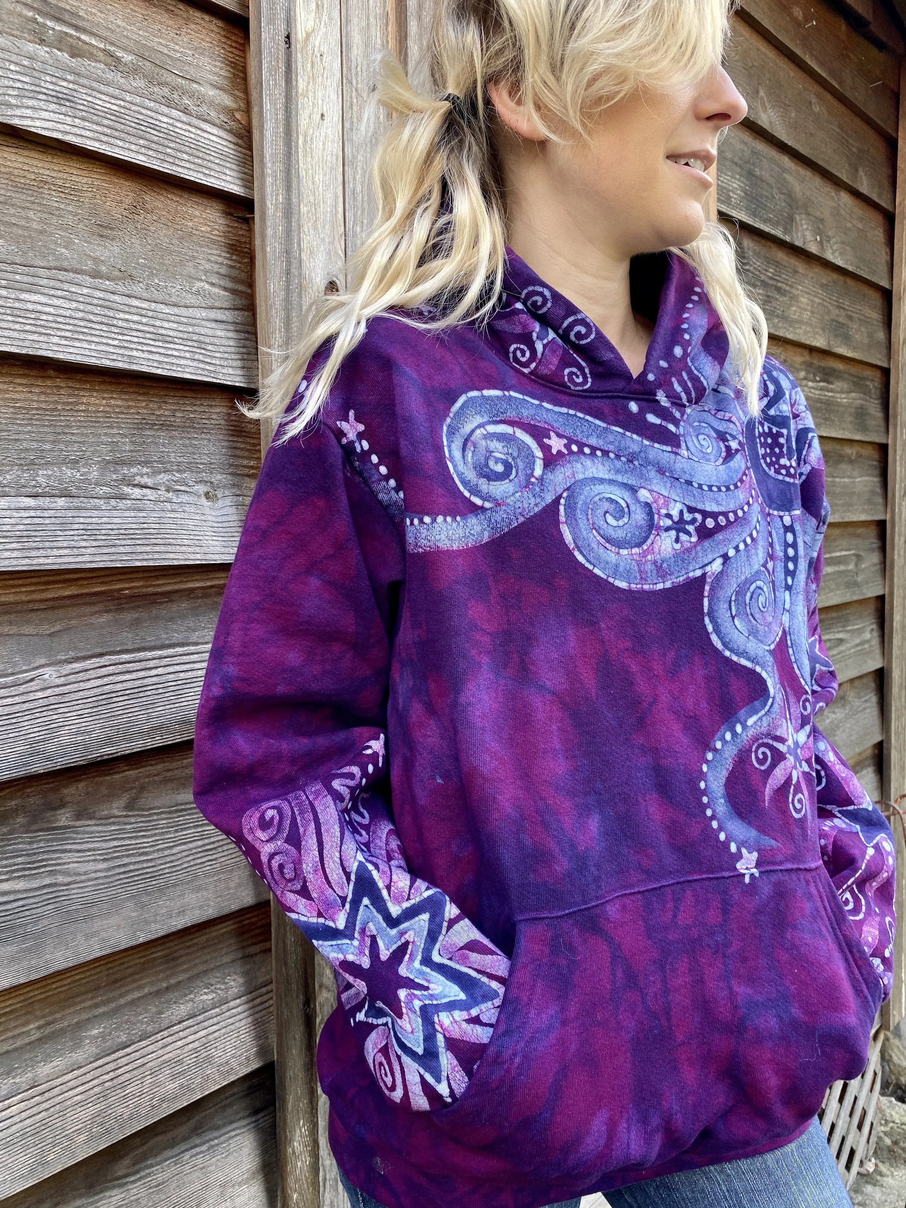 Purple Star With Perpetual Swirls Pullover Hoodie - Handcrafted Batik - Size SMALL