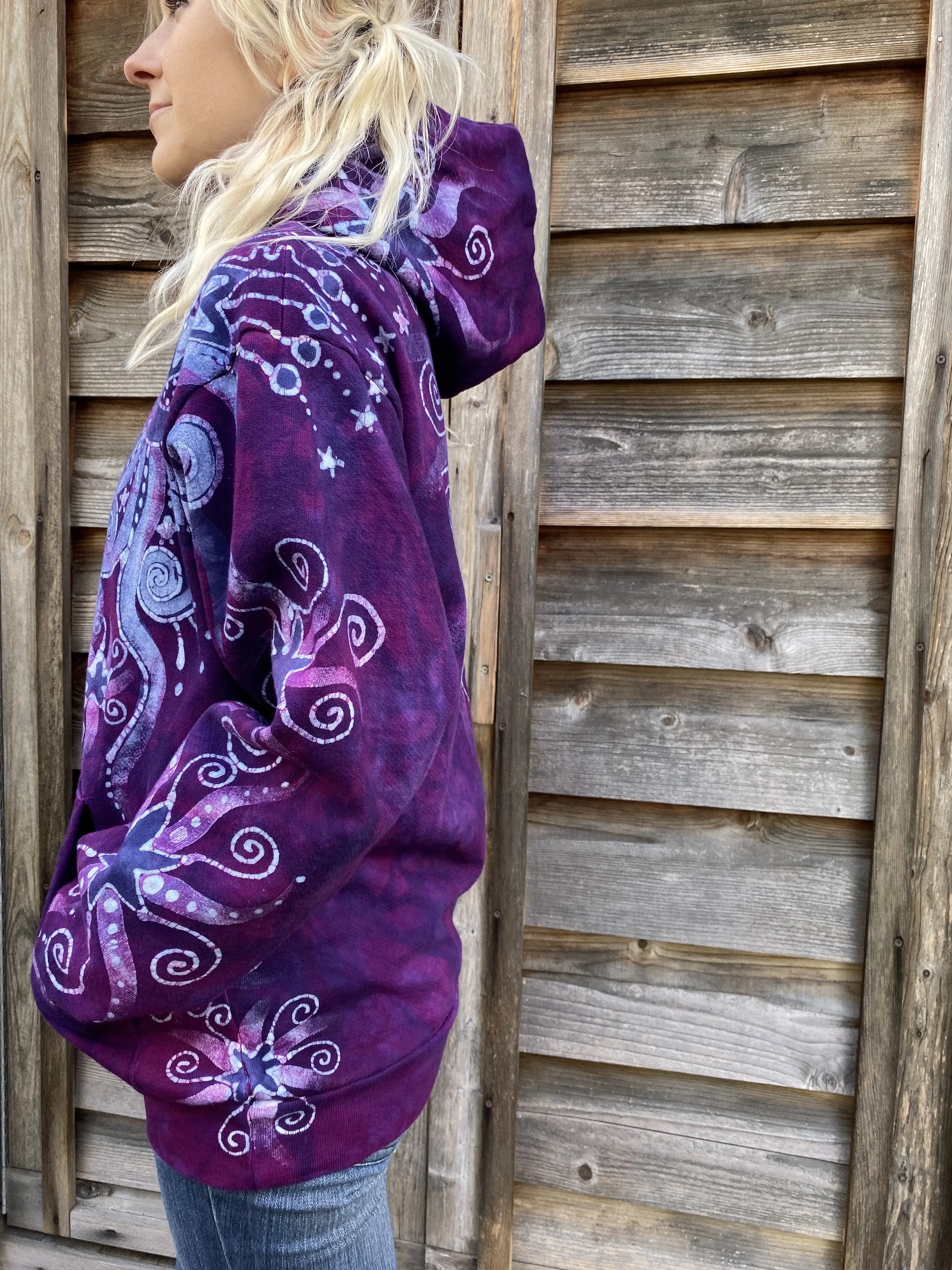 Purple Star With Perpetual Swirls Pullover Hoodie - Handcrafted Batik - Size SMALL