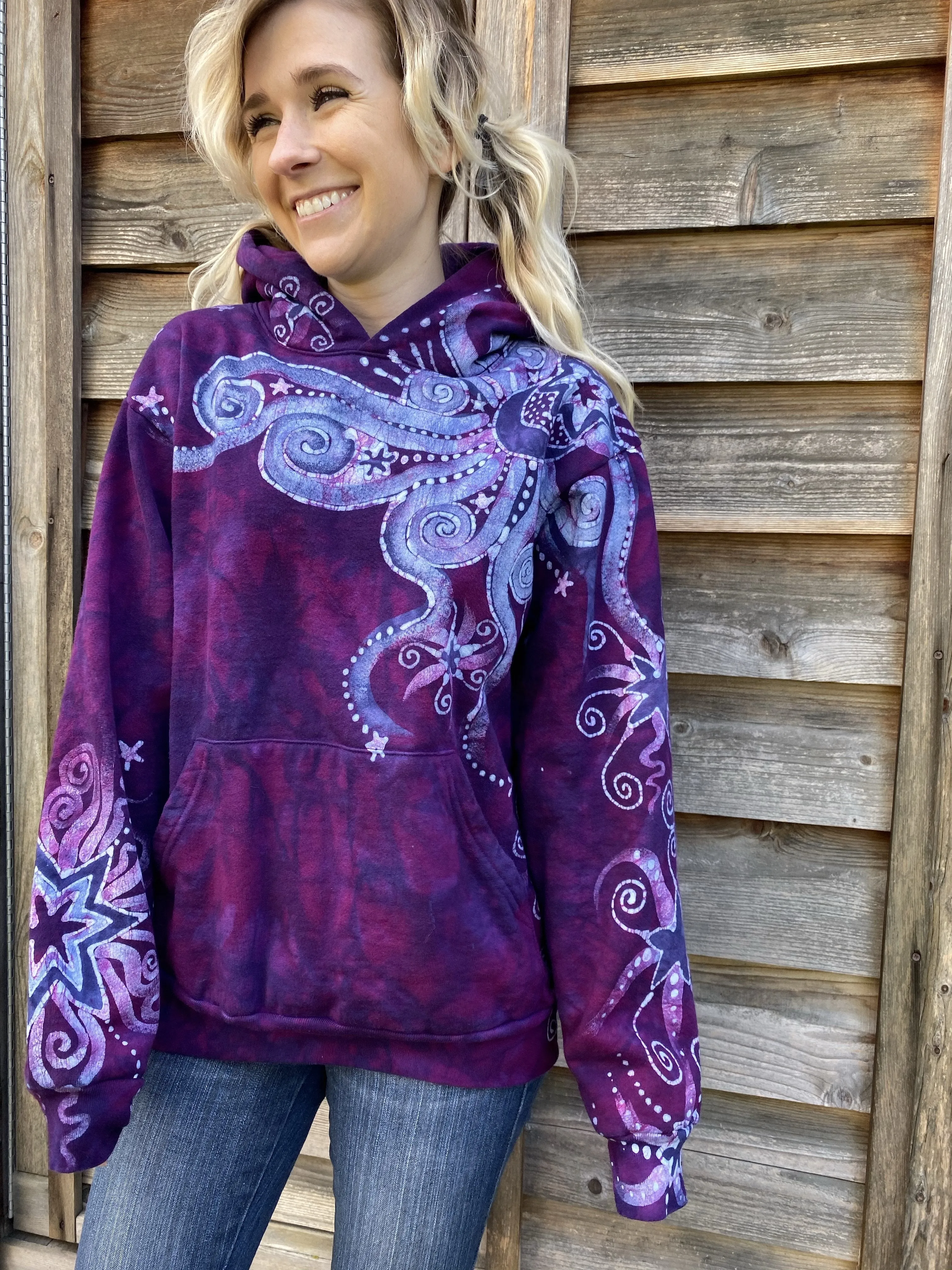 Purple Star With Perpetual Swirls Pullover Hoodie - Handcrafted Batik - Size SMALL