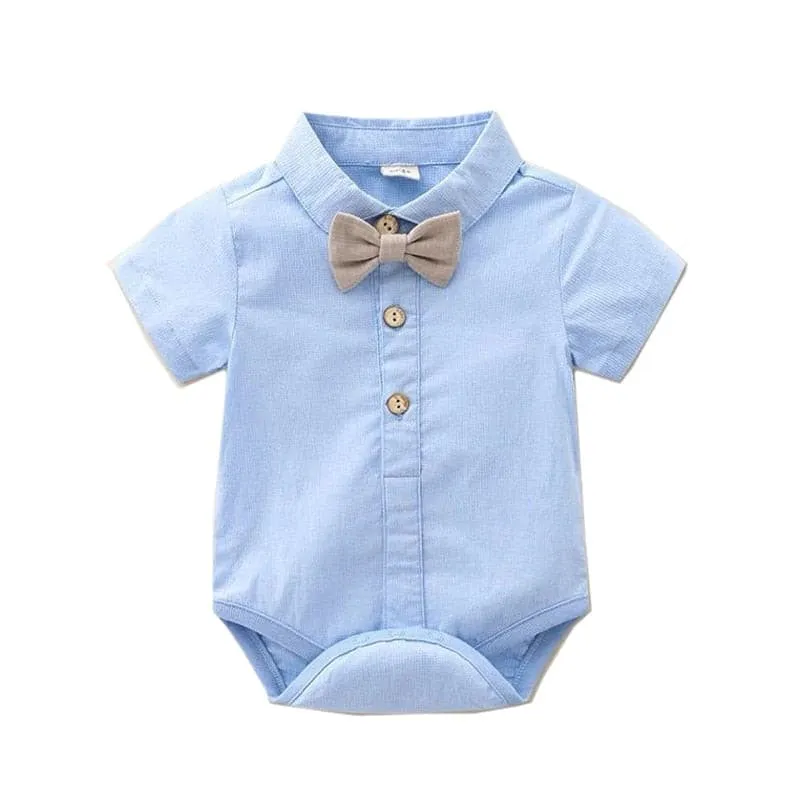 Randall - Toddler Boy Summer Suit Set - Infant Bow Tie Blue Shirt Suspender Shorts