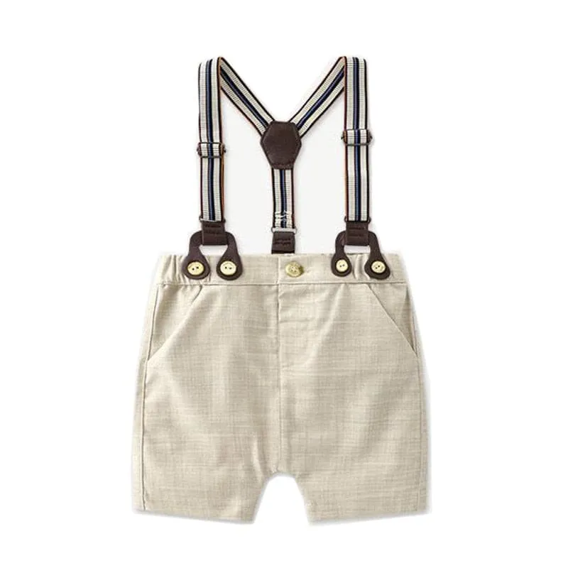 Randall - Toddler Boy Summer Suit Set - Infant Bow Tie Blue Shirt Suspender Shorts