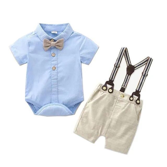 Randall - Toddler Boy Summer Suit Set - Infant Bow Tie Blue Shirt Suspender Shorts