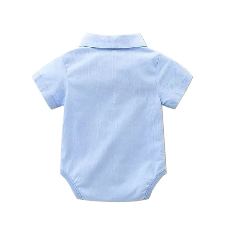 Randall - Toddler Boy Summer Suit Set - Infant Bow Tie Blue Shirt Suspender Shorts