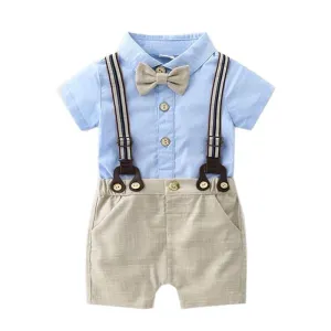 Randall - Toddler Boy Summer Suit Set - Infant Bow Tie Blue Shirt Suspender Shorts