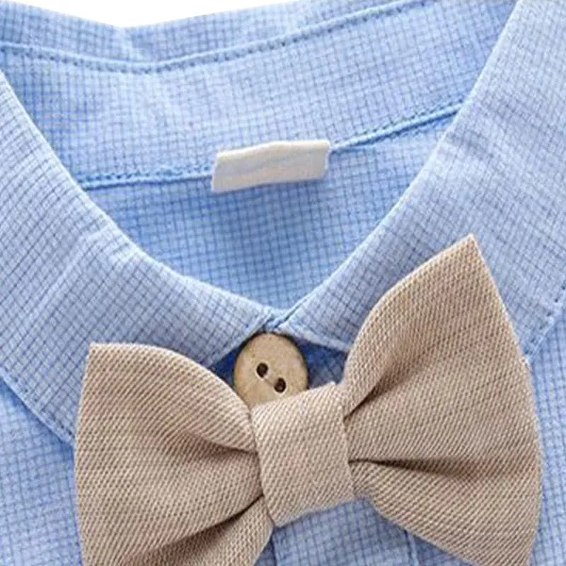 Randall - Toddler Boy Summer Suit Set - Infant Bow Tie Blue Shirt Suspender Shorts