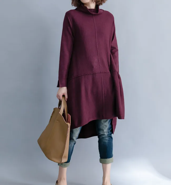 Red Knit Fall Irregular Hem Dresses Casual Women Dresses SSM97215