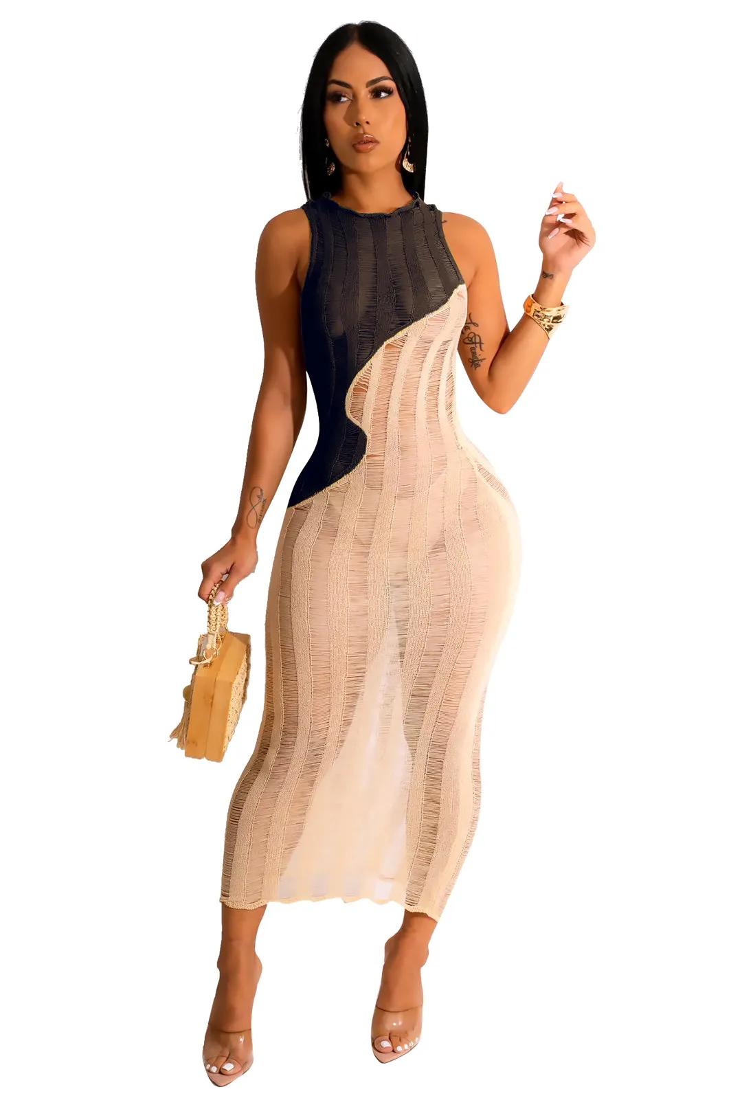 RENAYE - SHEER KNIT COLOR BLOCK MAXI DRESS