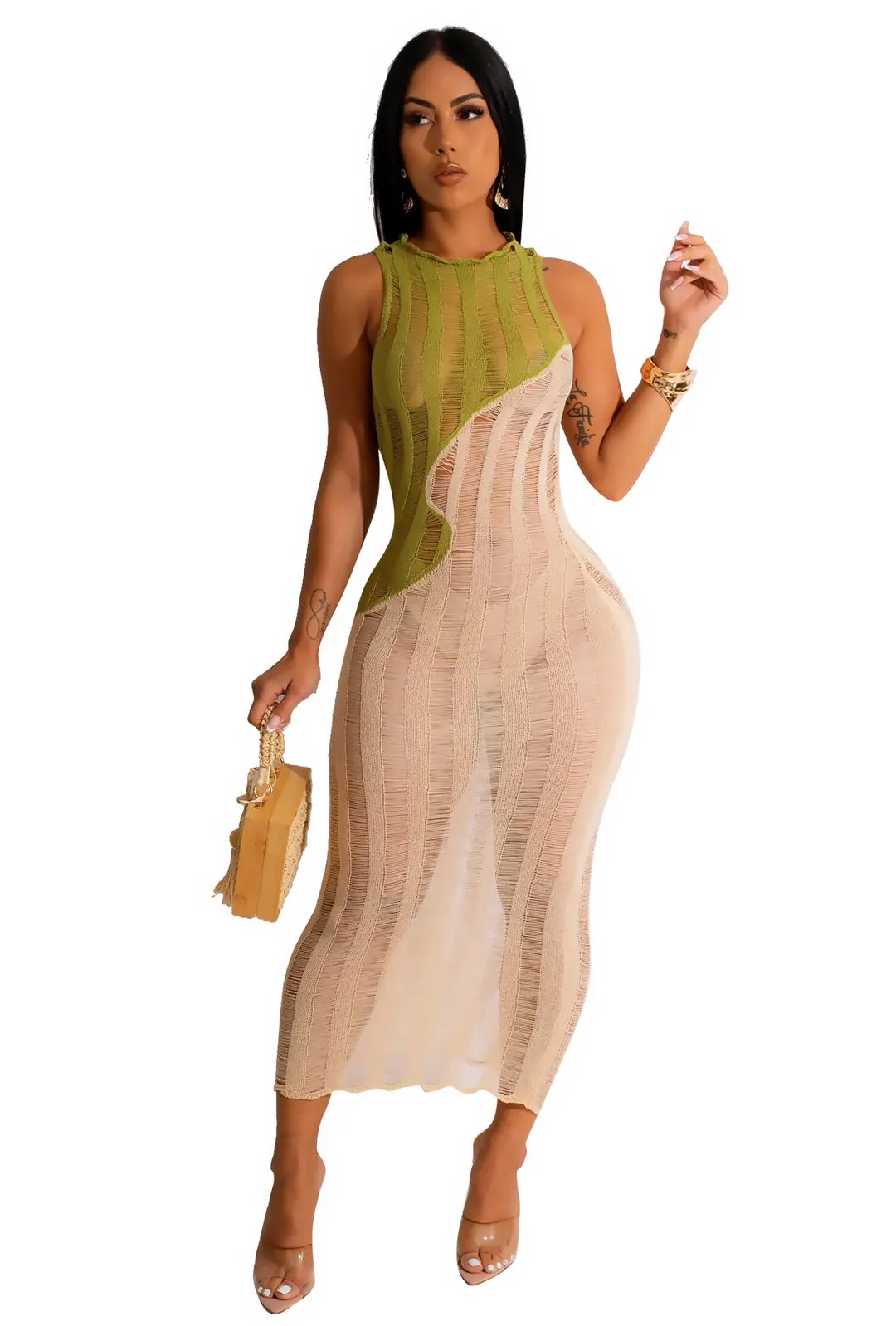 RENAYE - SHEER KNIT COLOR BLOCK MAXI DRESS