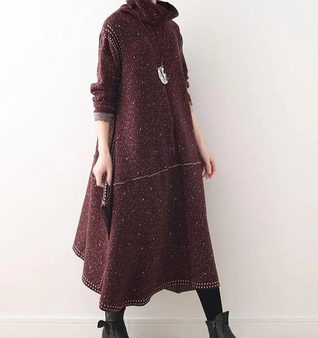 Retro High Collar Loose Cotton Knit Long Dresses Plus Size AMT962328