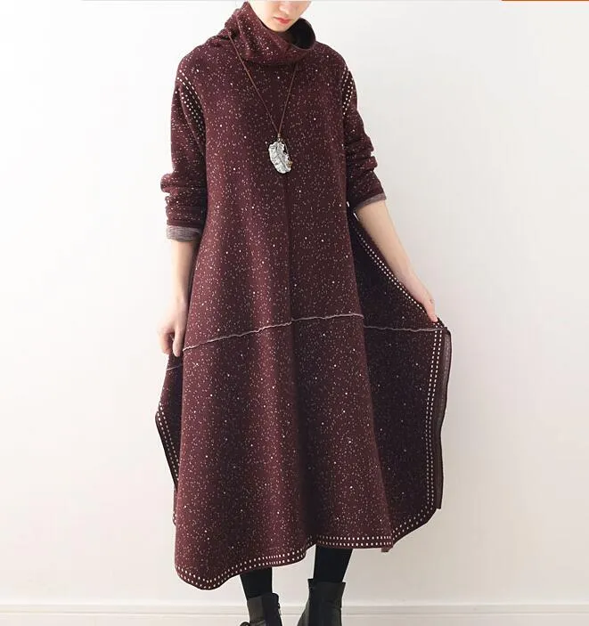 Retro High Collar Loose Cotton Knit Long Dresses Plus Size AMT962328