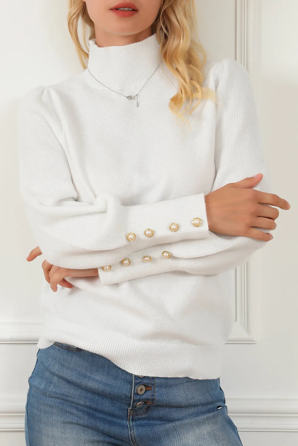 Ribbed Button Sleeve Turtleneck Sweater