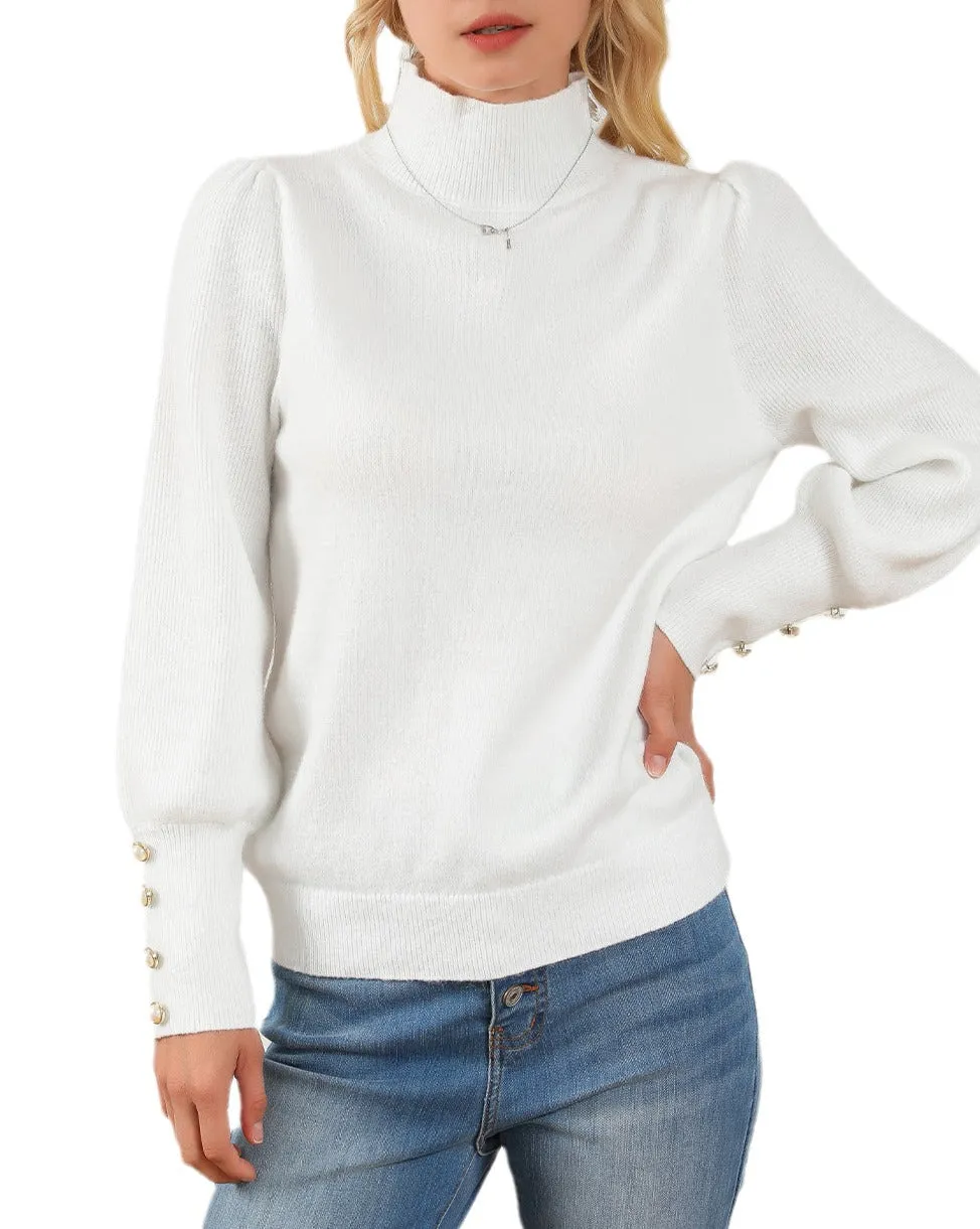 Ribbed Button Sleeve Turtleneck Sweater