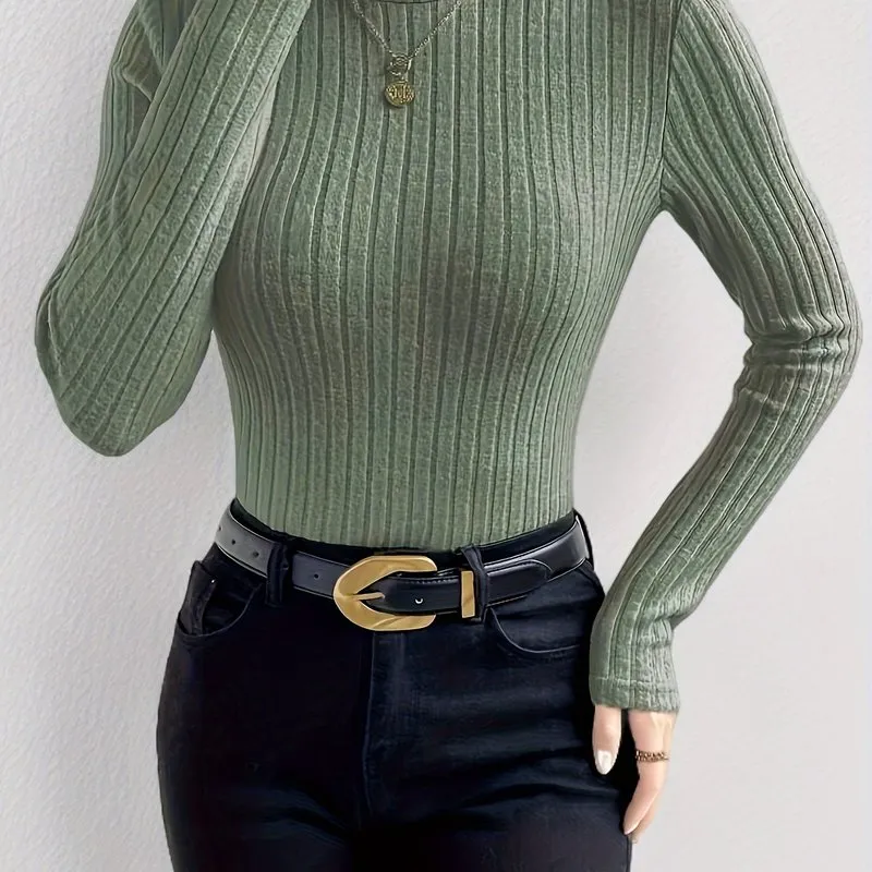 Ribbed Turtleneck Slim Top Casual Long Sleeve for Women