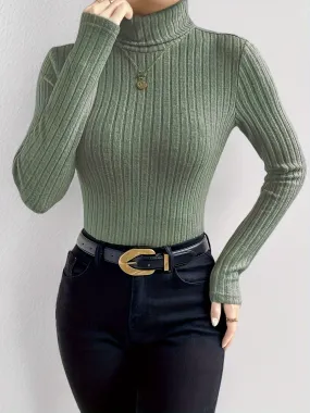 Ribbed Turtleneck Slim Top Casual Long Sleeve for Women