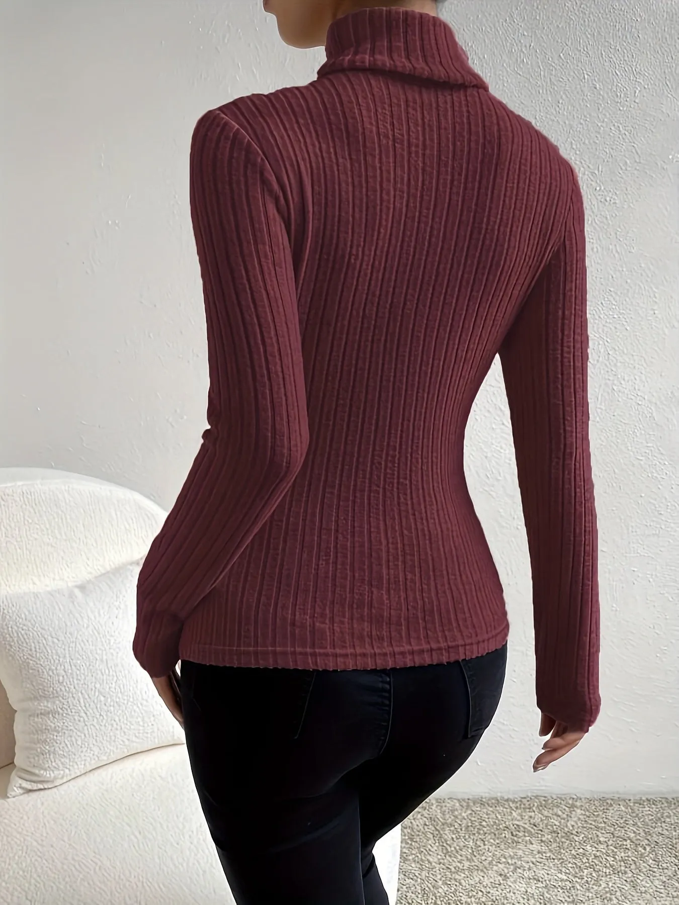 Ribbed Turtleneck Slim Top Casual Long Sleeve for Women