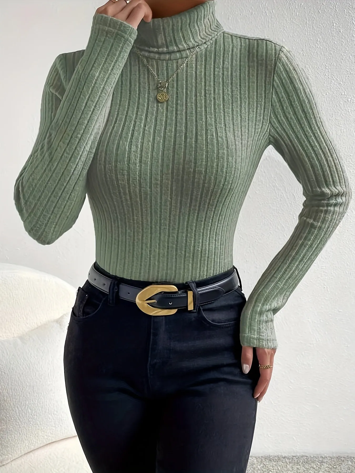 Ribbed Turtleneck Slim Top Casual Long Sleeve for Women