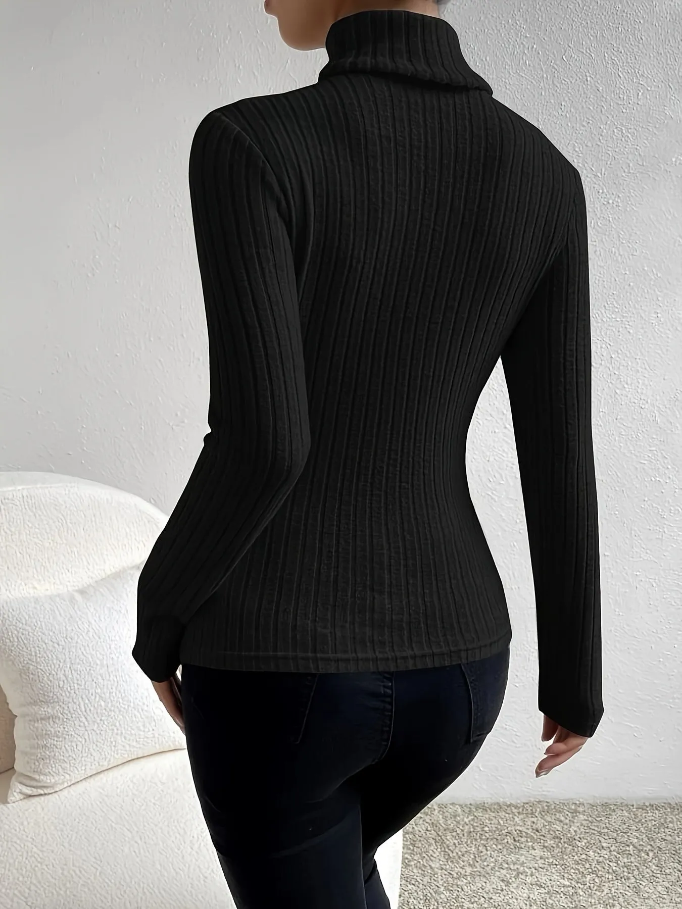 Ribbed Turtleneck Slim Top Casual Long Sleeve for Women