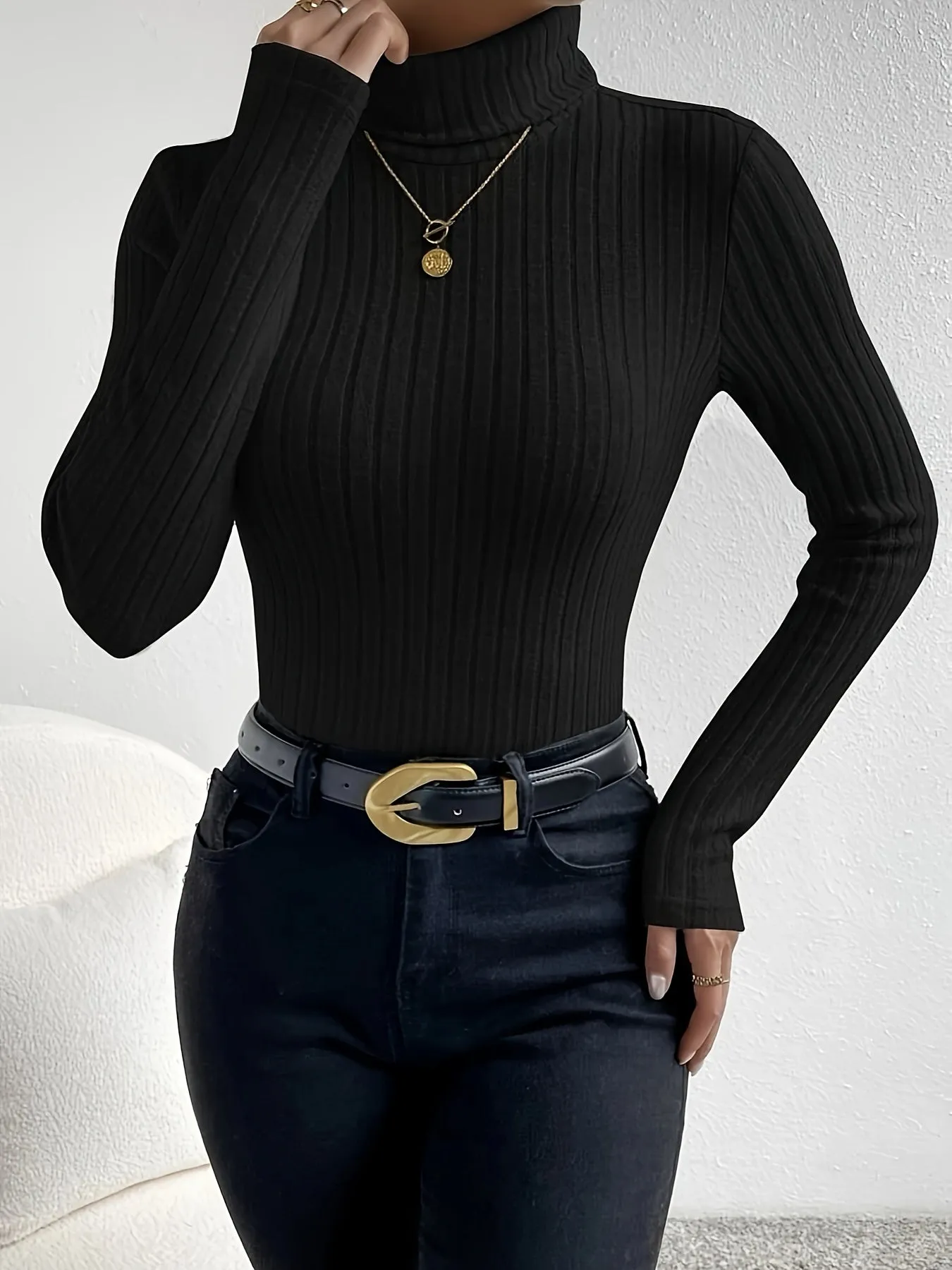 Ribbed Turtleneck Slim Top Casual Long Sleeve for Women