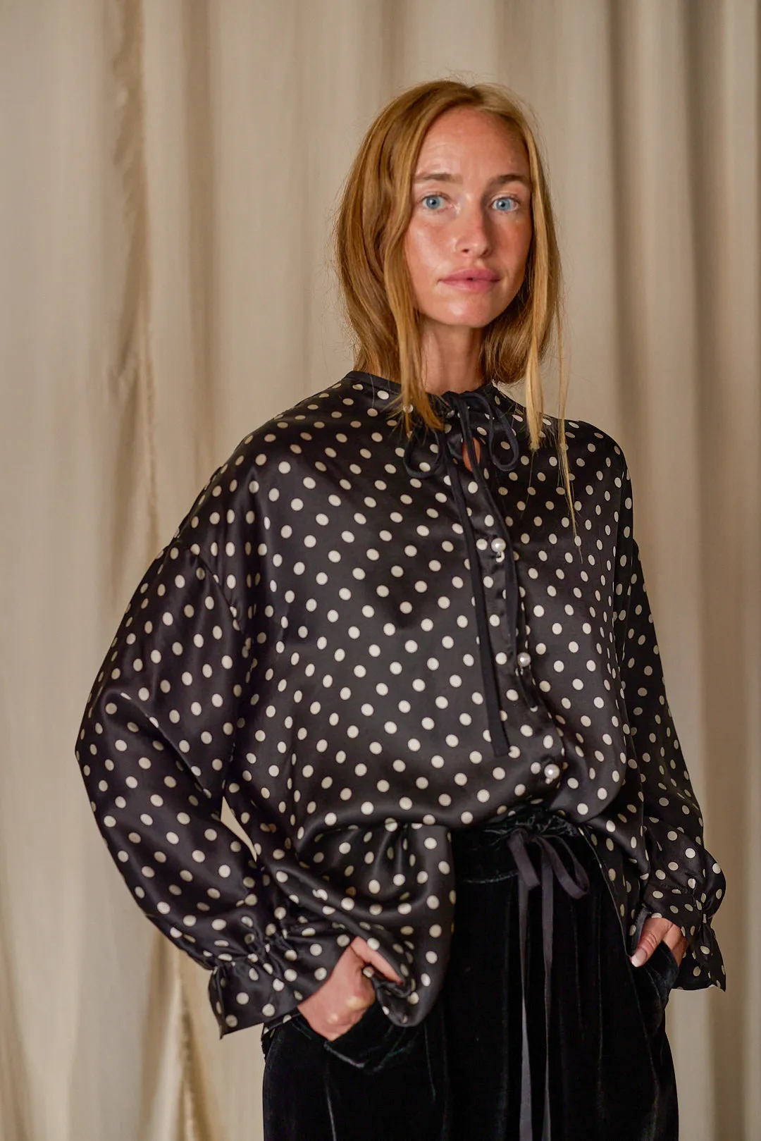 Ribbon Shirt | Black Polkadot Silk Charmeuse