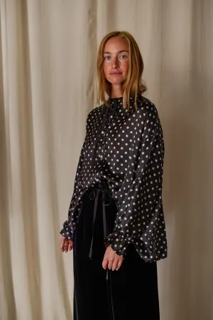 Ribbon Shirt | Black Polkadot Silk Charmeuse