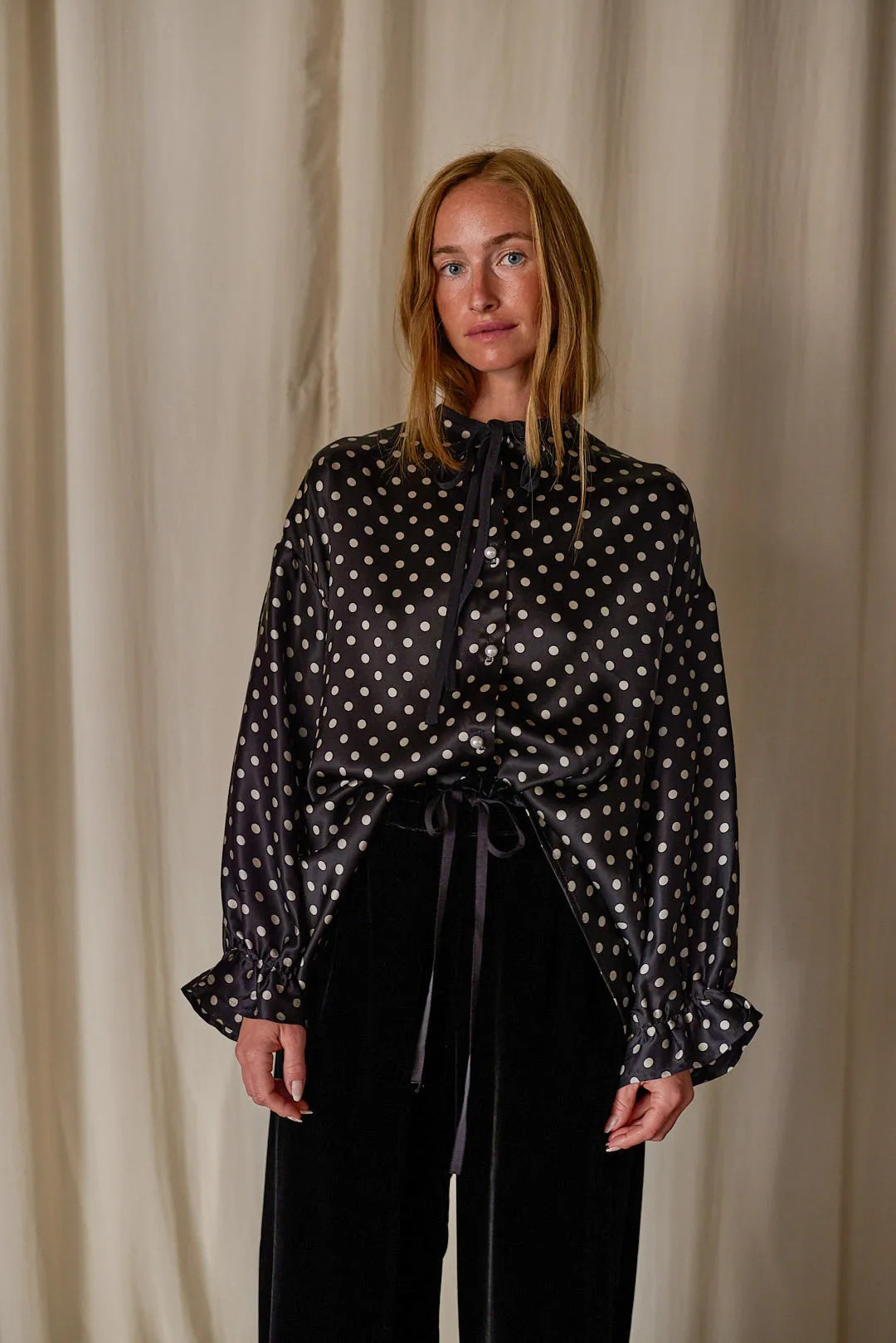 Ribbon Shirt | Black Polkadot Silk Charmeuse