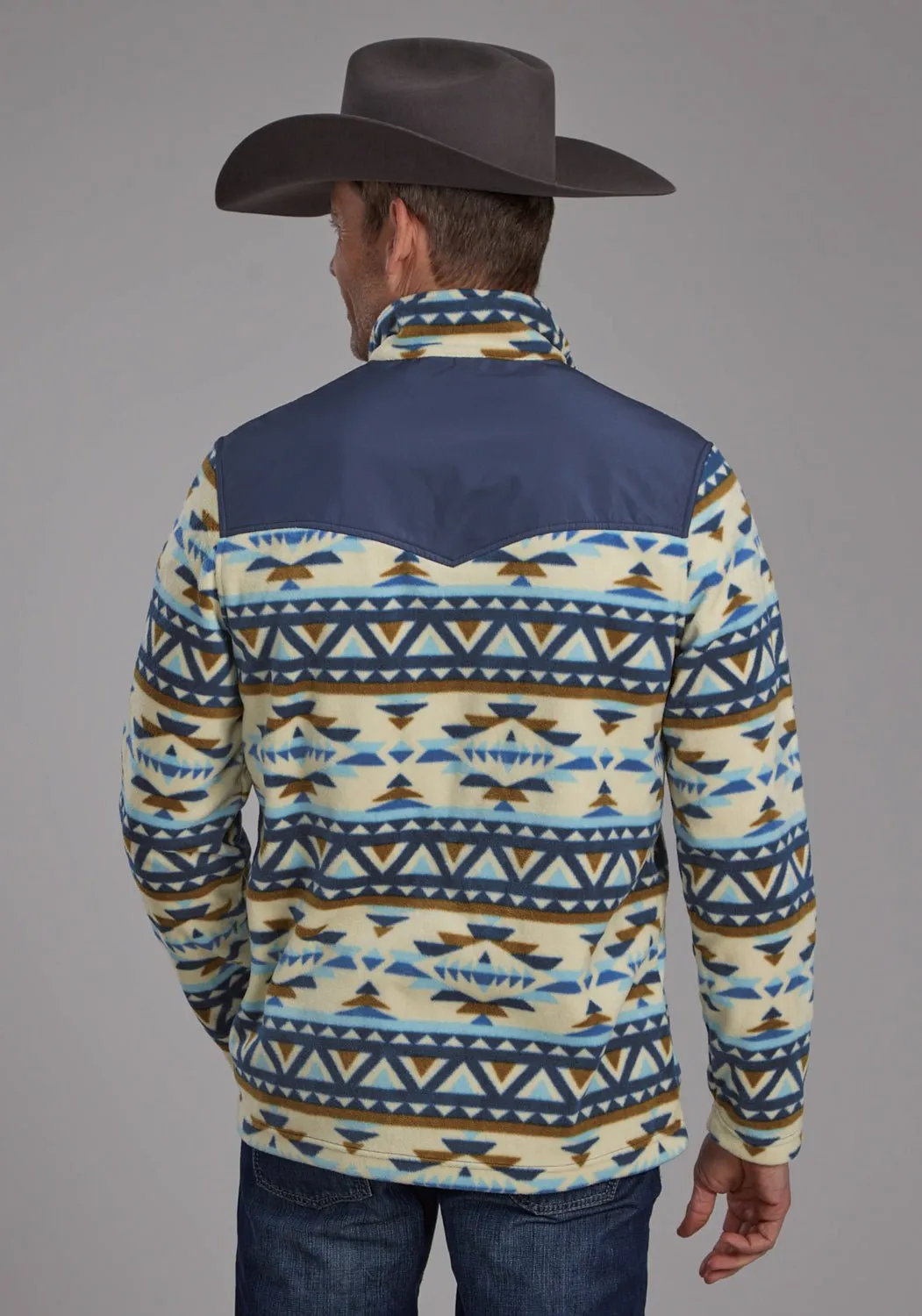 Roper Mens 2321 Aztec Print Cream/Blue Fleece Pullover Sweater