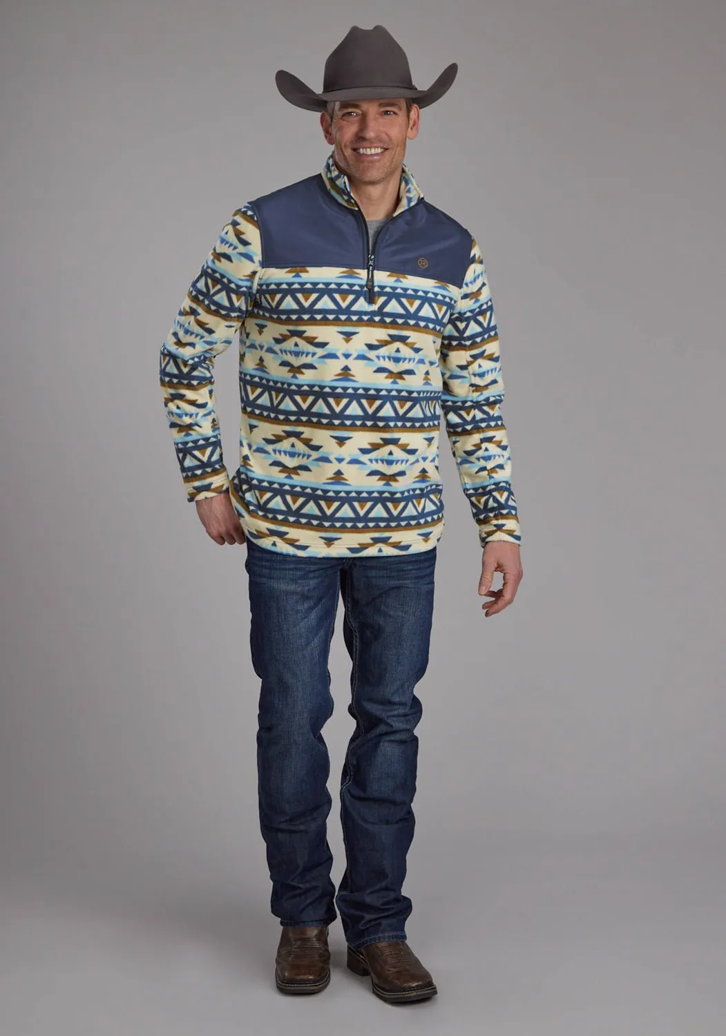 Roper Mens 2321 Aztec Print Cream/Blue Fleece Pullover Sweater