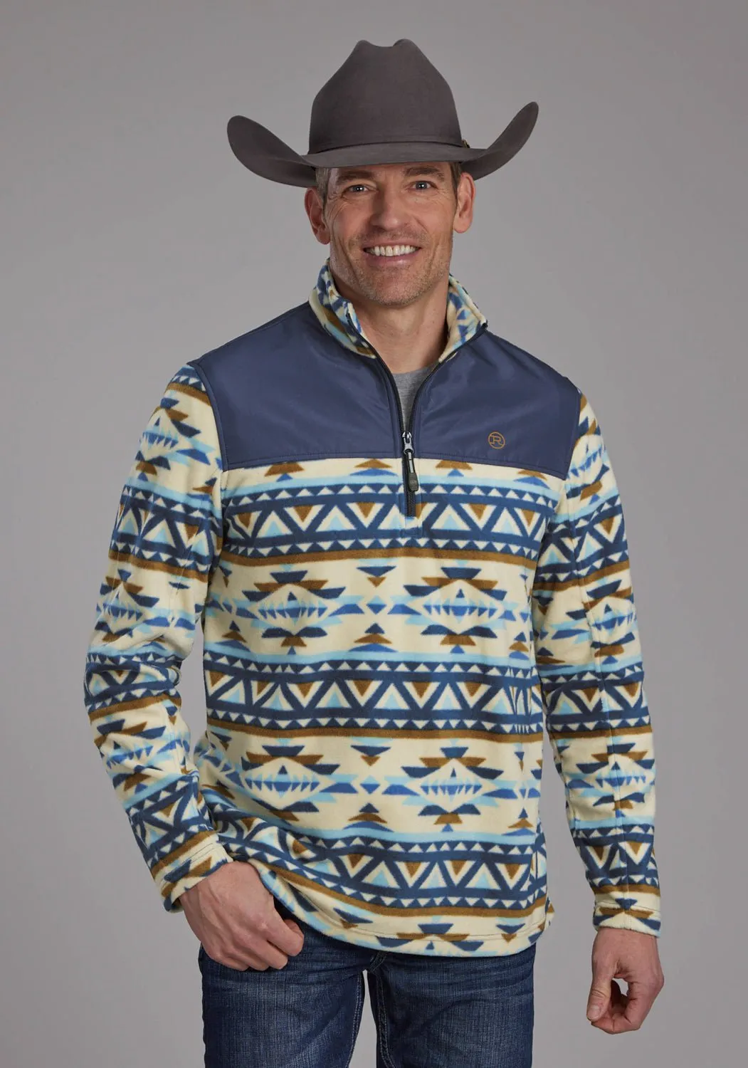 Roper Mens 2321 Aztec Print Cream/Blue Fleece Pullover Sweater