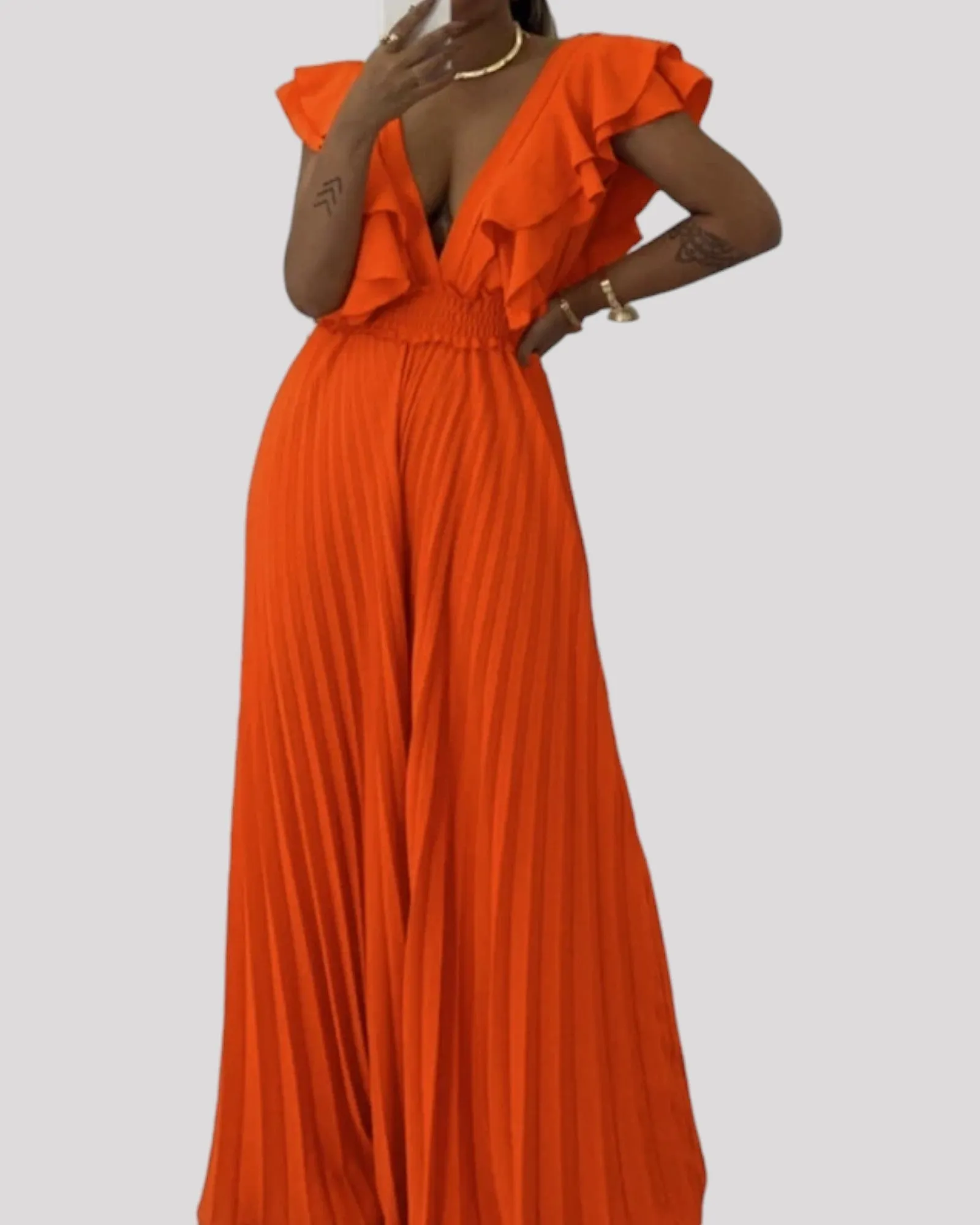 Ruffled Neckline One Piece Pants Jumpsuit. Available in 4 Colours