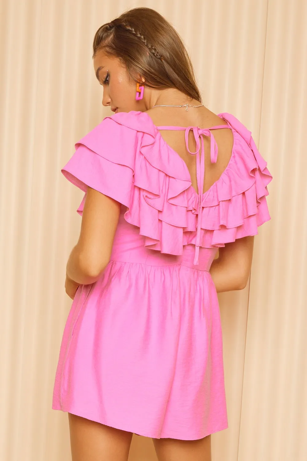 Ruffled Pink Layered Tie Back Romper