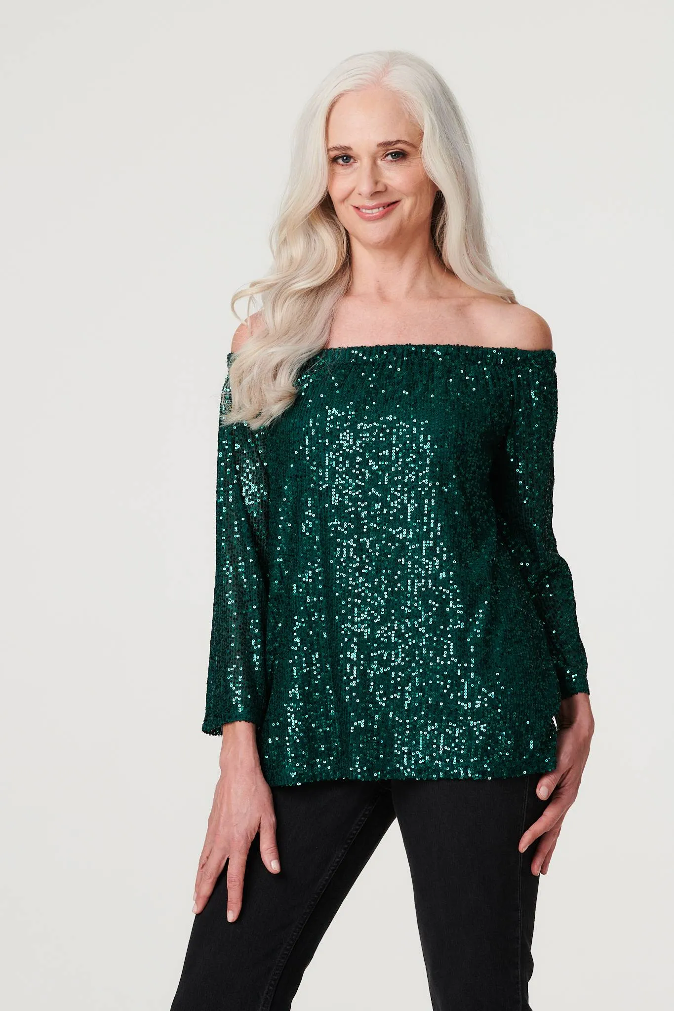 Sequin Bardot 3/4 Sleeve Top