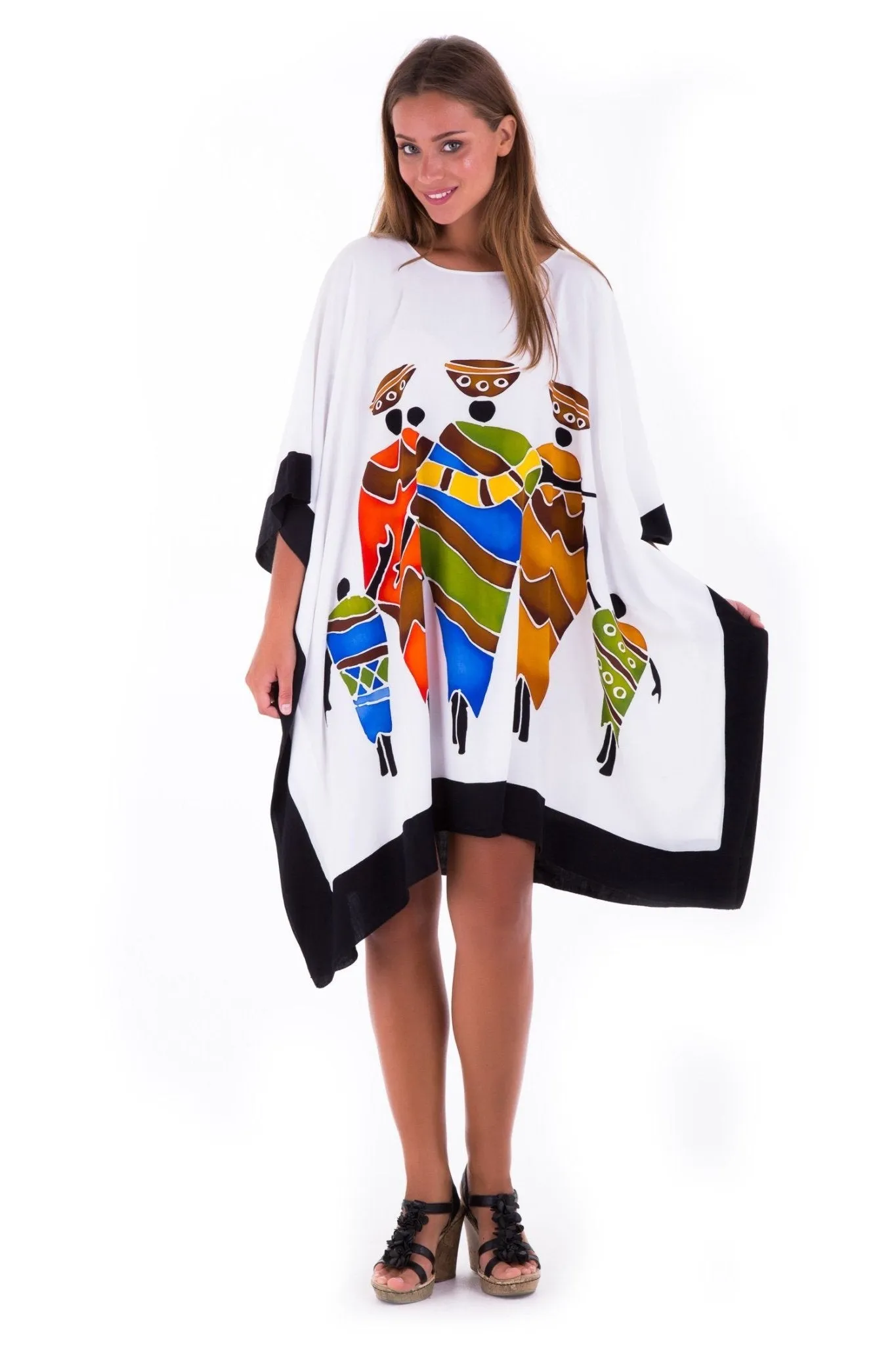 SHU-SHI Women's Short Kaftan Dress - Hand-Painted Tribal Poncho Tunic, Plus Size Swim Cover-Up