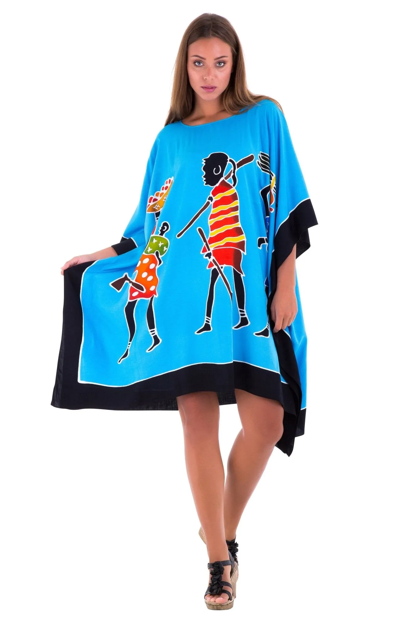 SHU-SHI Women's Short Kaftan Dress - Hand-Painted Tribal Poncho Tunic, Plus Size Swim Cover-Up