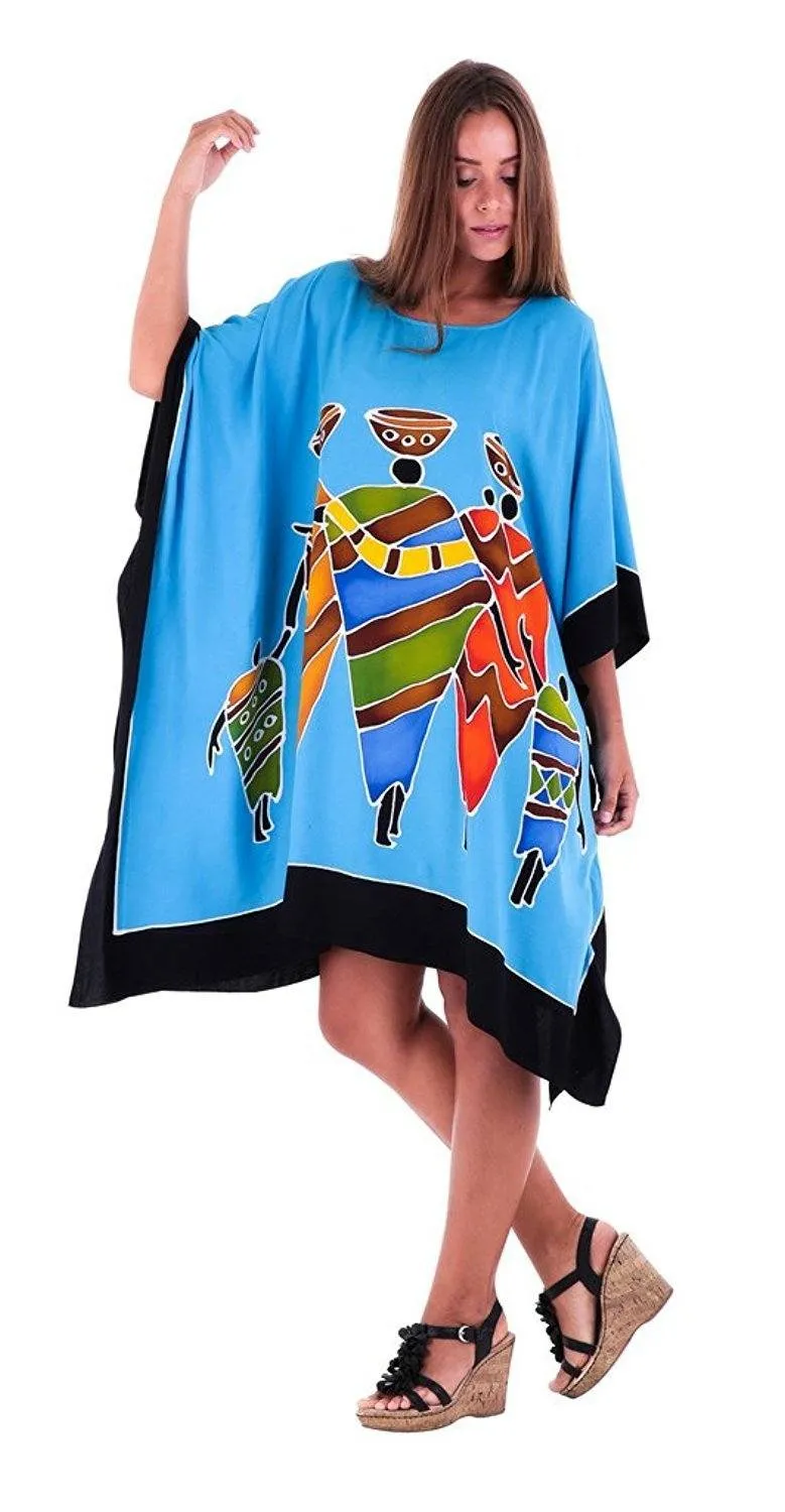 SHU-SHI Women's Short Kaftan Dress - Hand-Painted Tribal Poncho Tunic, Plus Size Swim Cover-Up