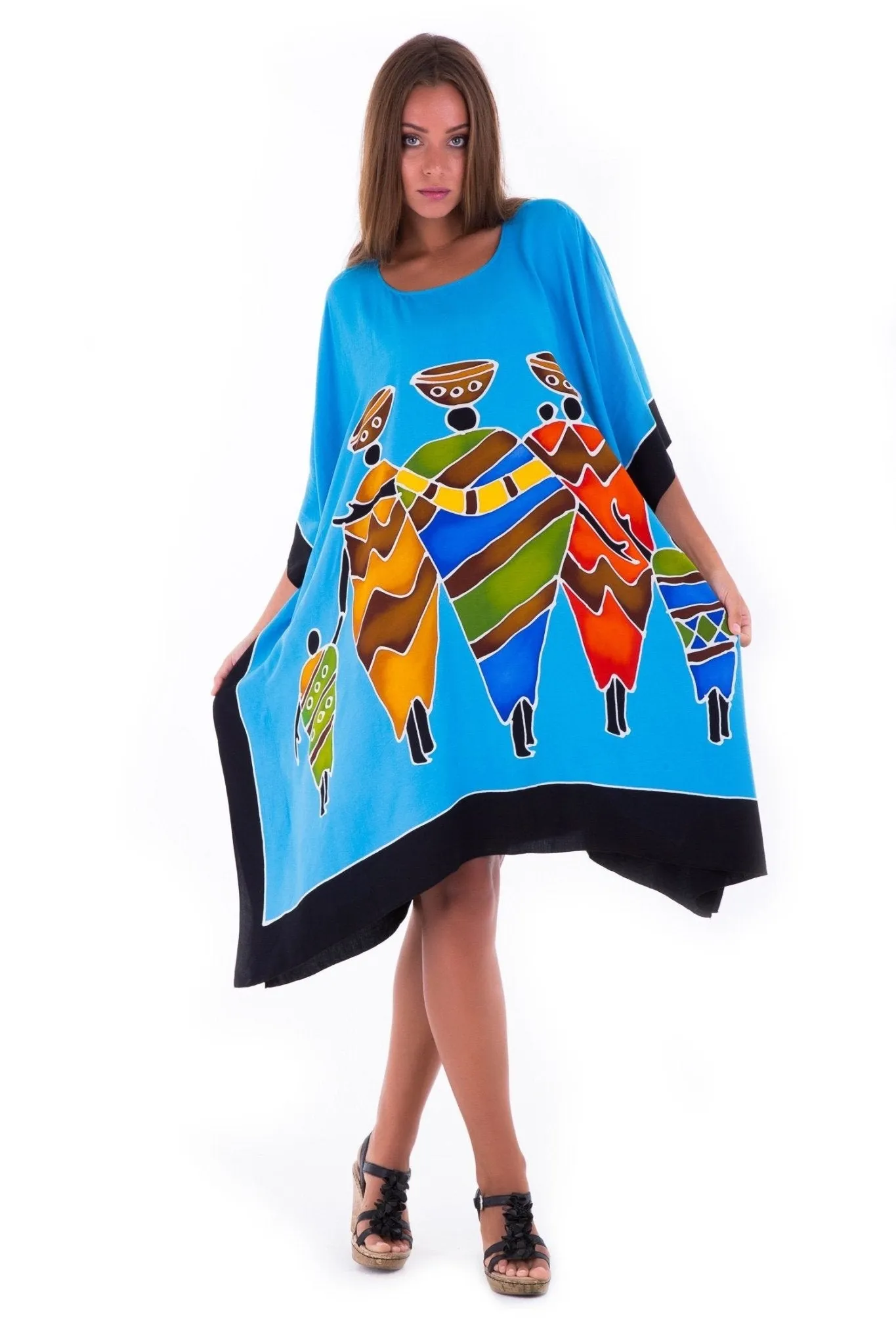 SHU-SHI Women's Short Kaftan Dress - Hand-Painted Tribal Poncho Tunic, Plus Size Swim Cover-Up