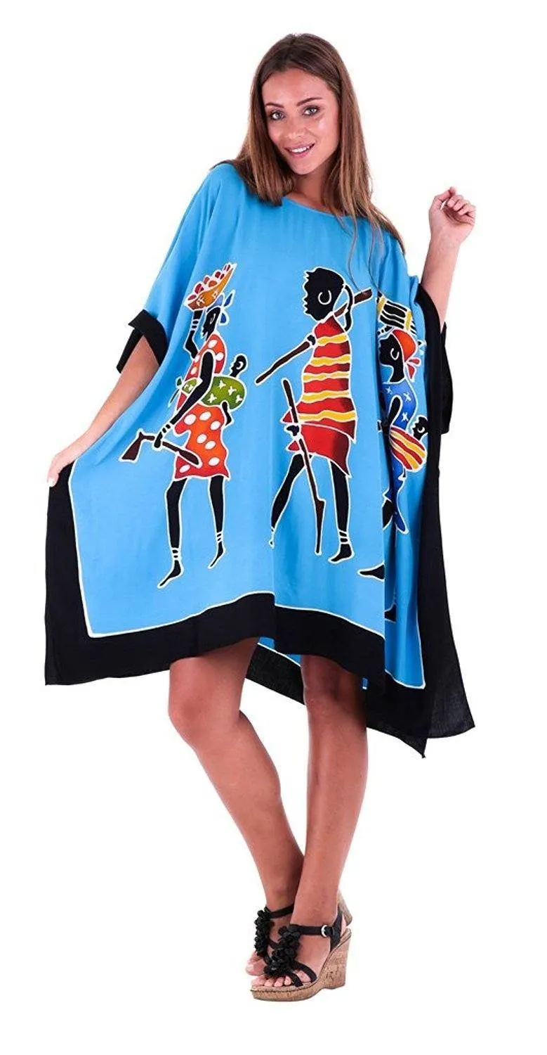 SHU-SHI Women's Short Kaftan Dress - Hand-Painted Tribal Poncho Tunic, Plus Size Swim Cover-Up