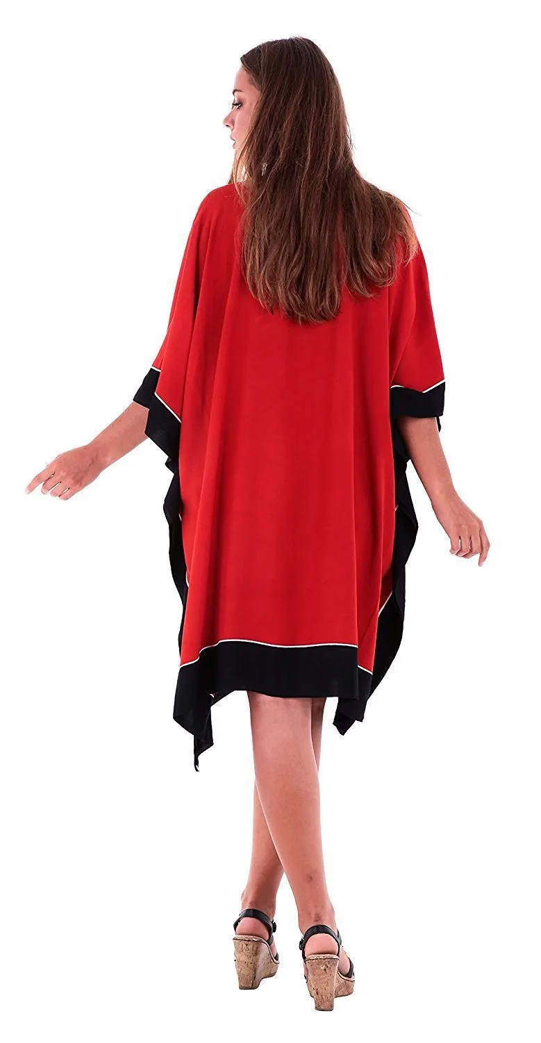 SHU-SHI Women's Short Kaftan Dress - Hand-Painted Tribal Poncho Tunic, Plus Size Swim Cover-Up