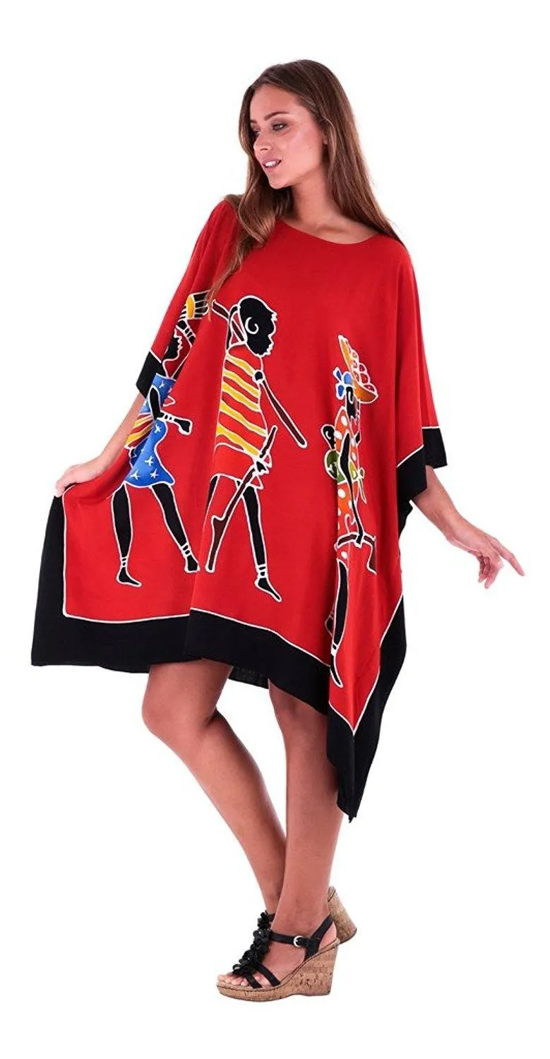 SHU-SHI Women's Short Kaftan Dress - Hand-Painted Tribal Poncho Tunic, Plus Size Swim Cover-Up