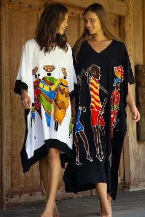 SHU-SHI Women's Short Kaftan Dress - Hand-Painted Tribal Poncho Tunic, Plus Size Swim Cover-Up