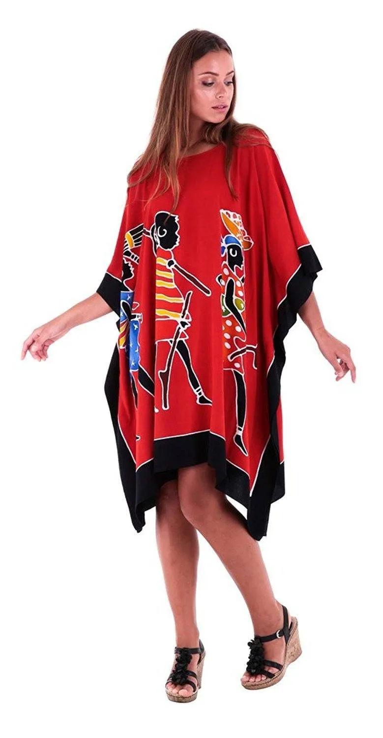 SHU-SHI Women's Short Kaftan Dress - Hand-Painted Tribal Poncho Tunic, Plus Size Swim Cover-Up