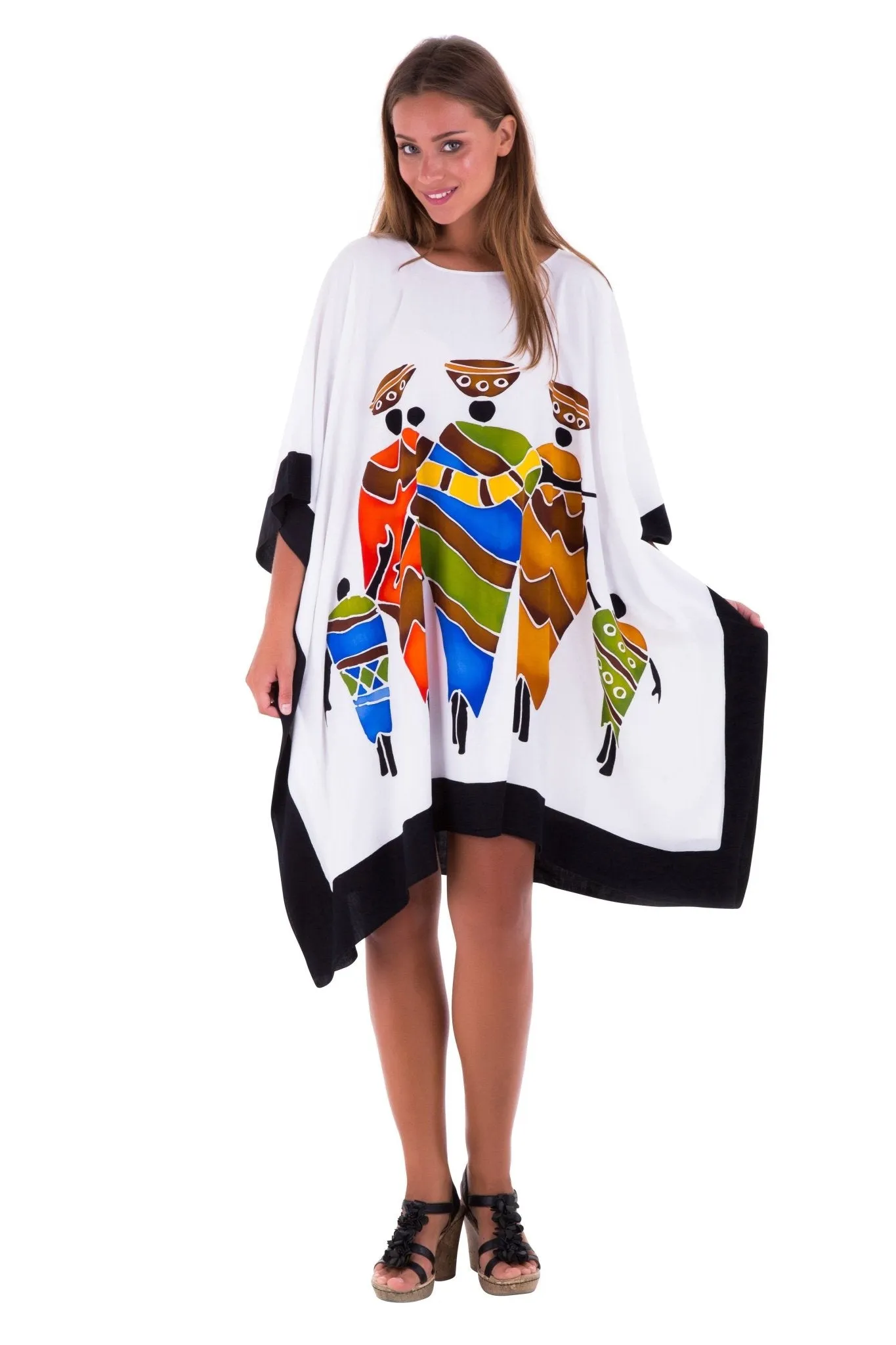 SHU-SHI Women's Short Kaftan Dress - Hand-Painted Tribal Poncho Tunic, Plus Size Swim Cover-Up