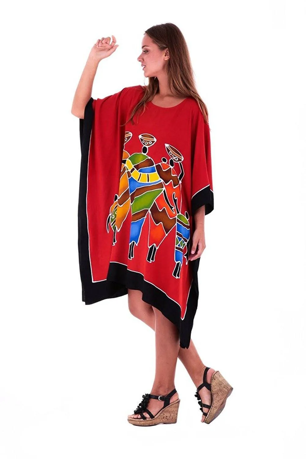 SHU-SHI Women's Short Kaftan Dress - Hand-Painted Tribal Poncho Tunic, Plus Size Swim Cover-Up