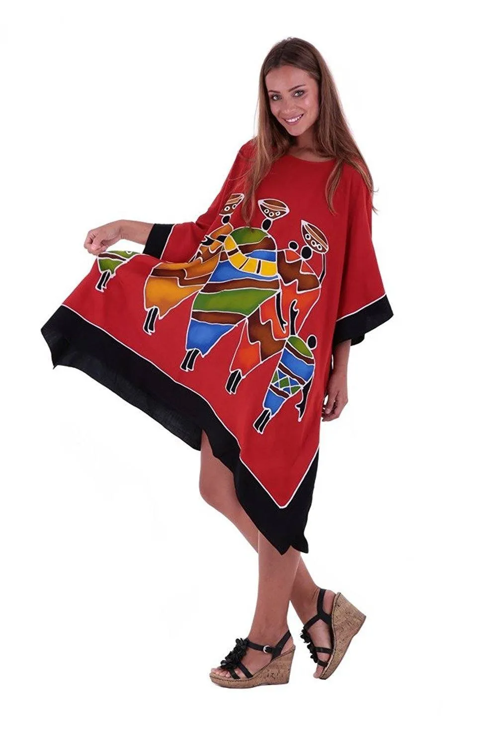 SHU-SHI Women's Short Kaftan Dress - Hand-Painted Tribal Poncho Tunic, Plus Size Swim Cover-Up