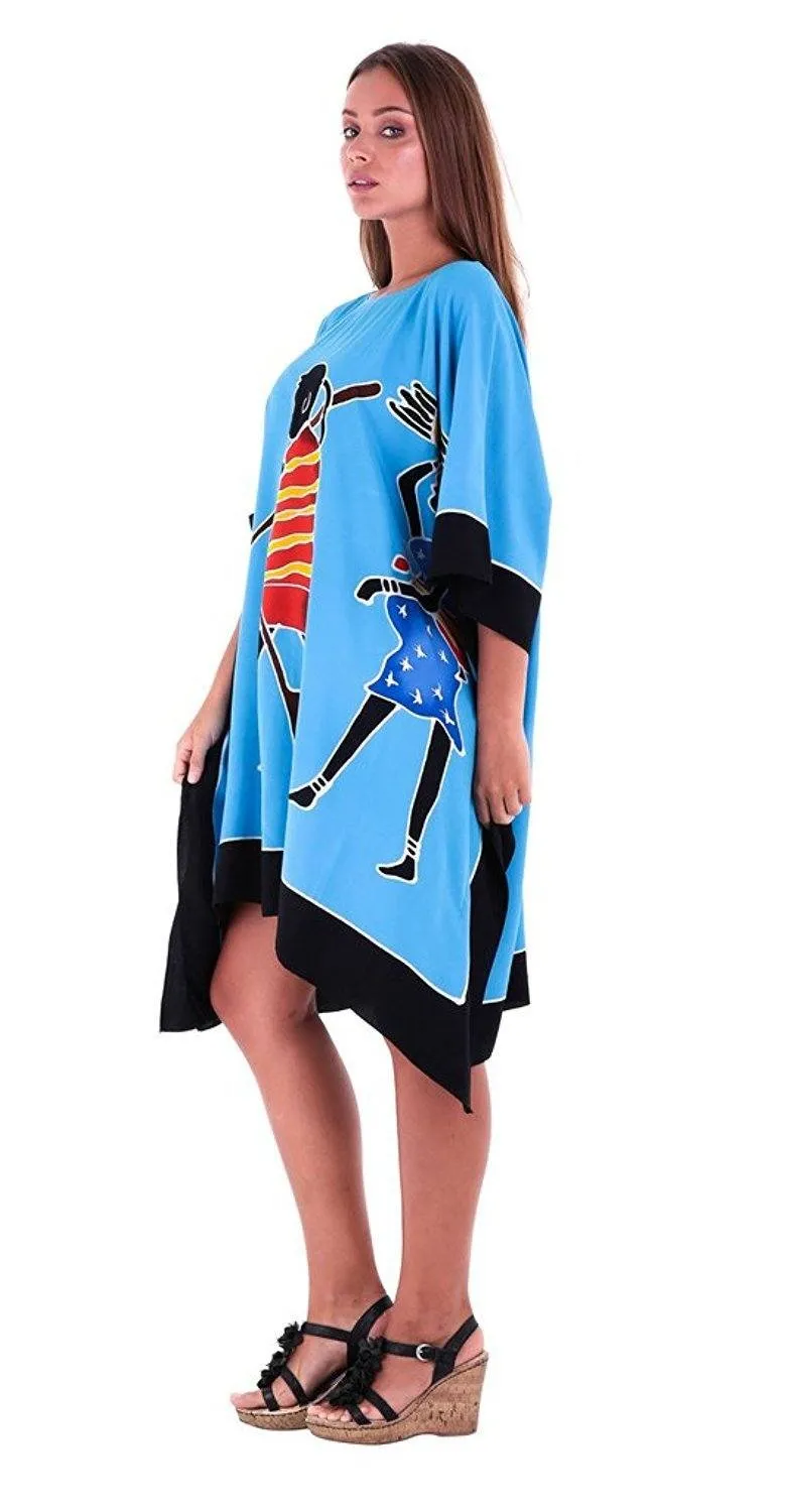 SHU-SHI Women's Short Kaftan Dress - Hand-Painted Tribal Poncho Tunic, Plus Size Swim Cover-Up