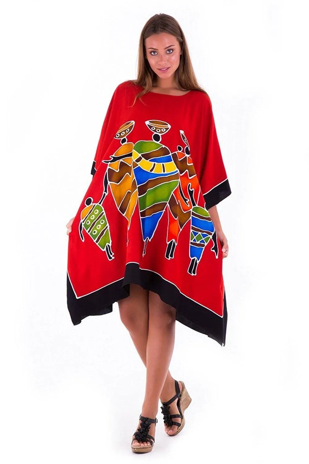 SHU-SHI Women's Short Kaftan Dress - Hand-Painted Tribal Poncho Tunic, Plus Size Swim Cover-Up