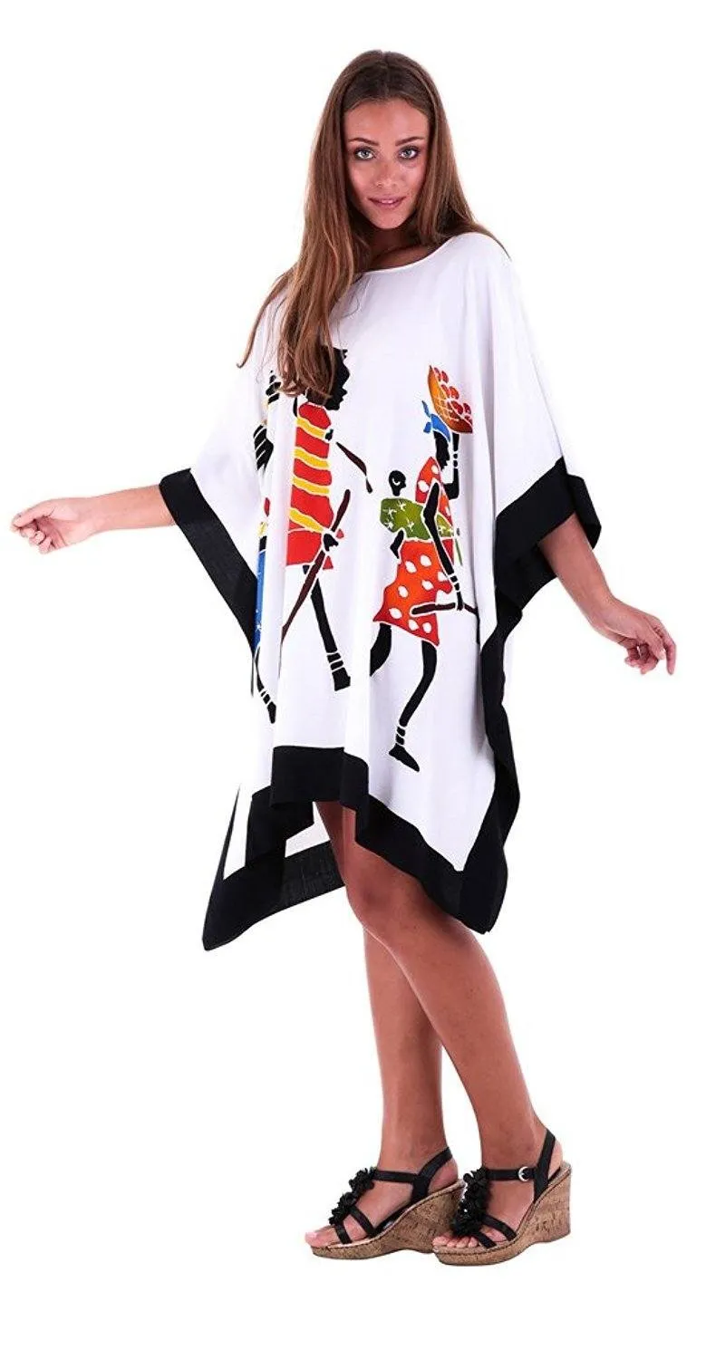 SHU-SHI Women's Short Kaftan Dress - Hand-Painted Tribal Poncho Tunic, Plus Size Swim Cover-Up